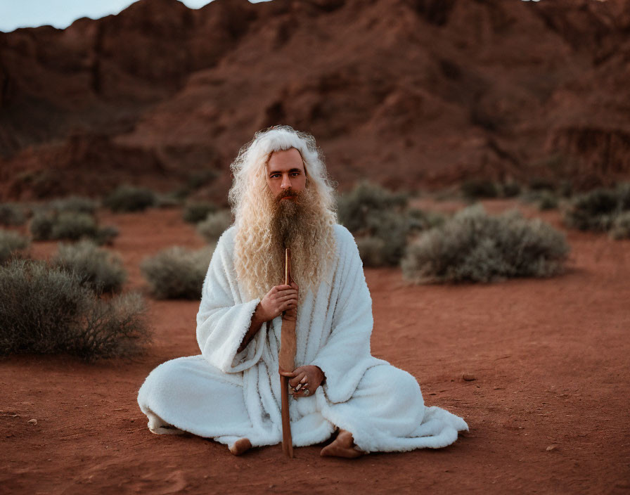 Elderly figure in white robe with staff in desert scene