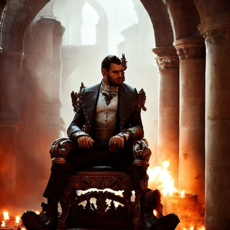 Regal man in decorated suit on ornate throne in dimly-lit room