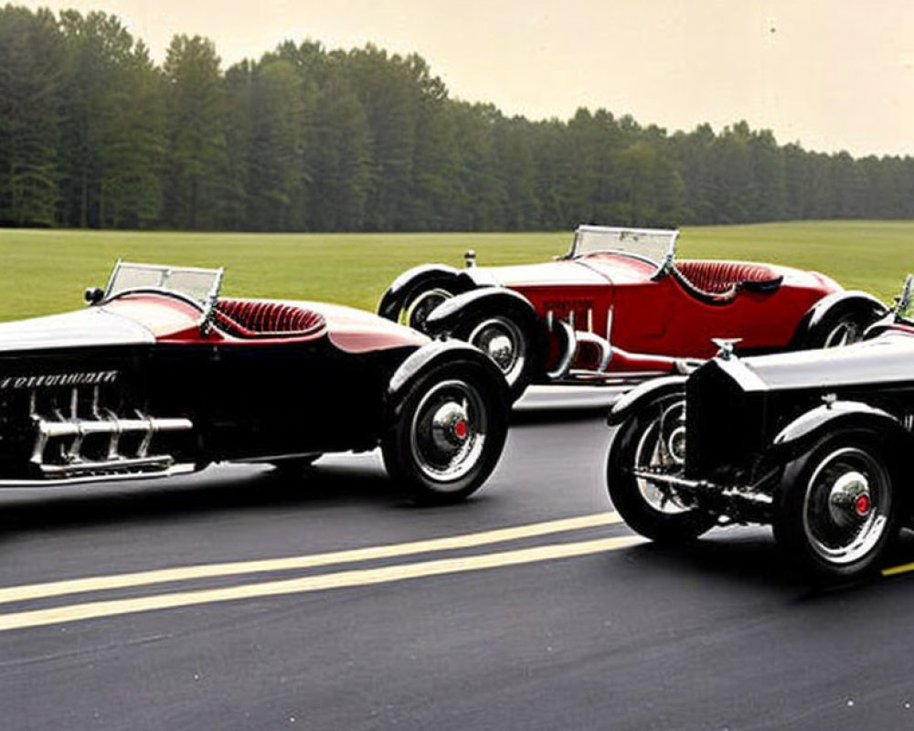 Vintage Black and Red Convertible Cars on Asphalt Road with Tree-lined Background