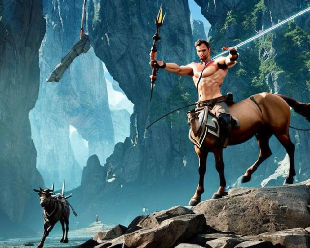 Shirtless warrior with flaming spear and sword riding horse in mountain landscape with black goat