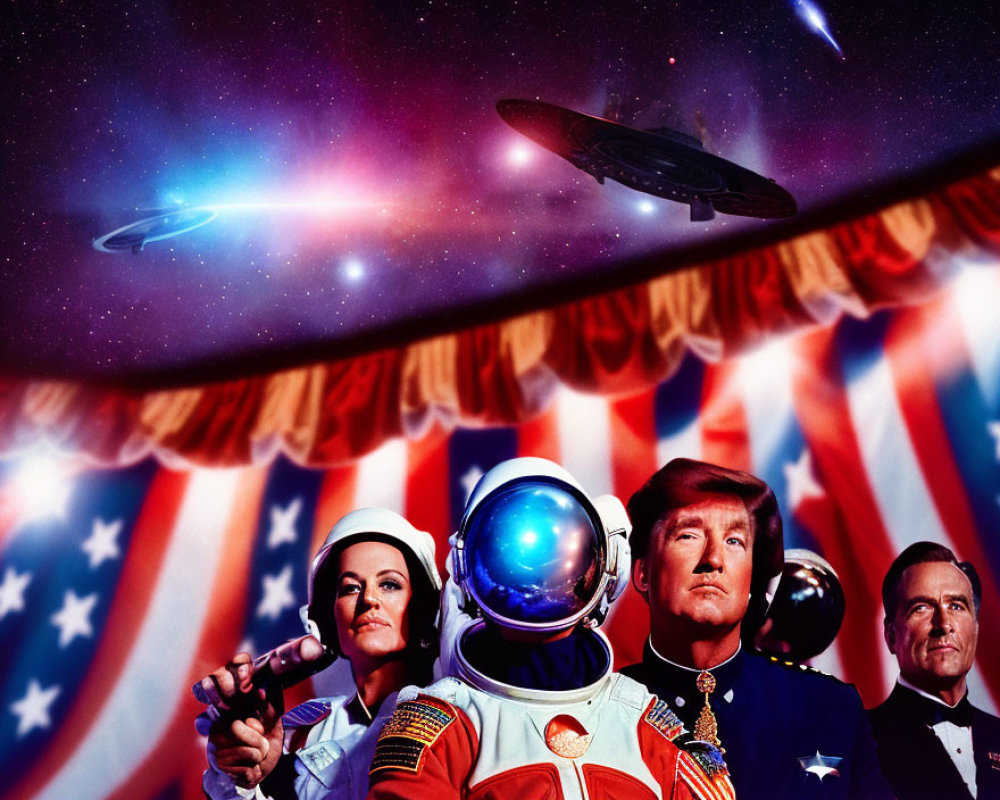 Patriotic stylized image: 3 figures, American flag backdrop, space theme