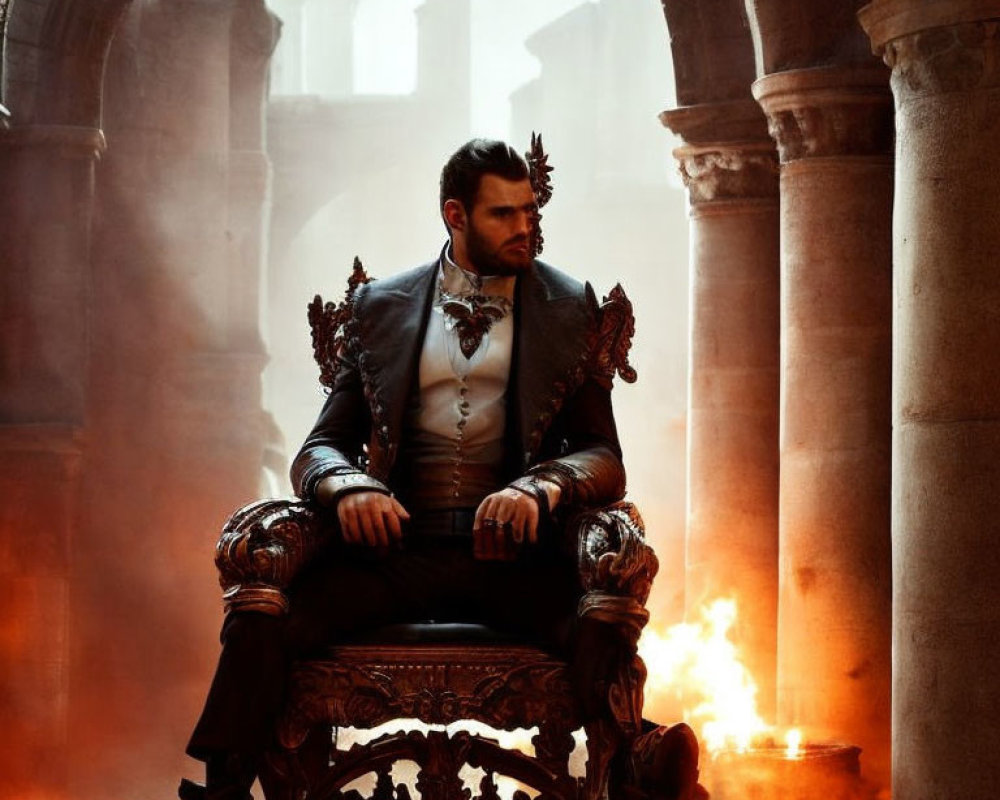 Regal man in decorated suit on ornate throne in dimly-lit room