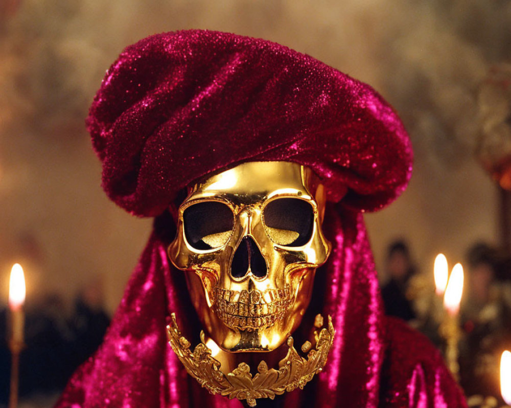 Golden skull with jeweled crown and velvet cloak, candles, blurred background