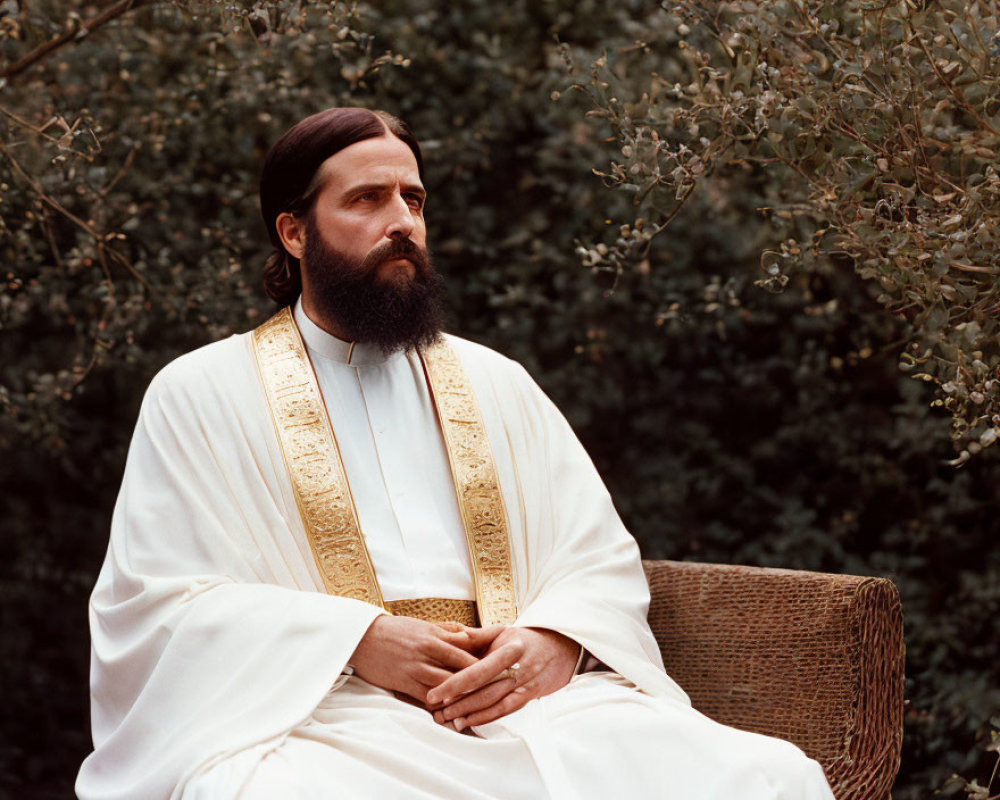 Bearded Man in White Robe with Golden Embroidery Contemplates Chair in Greenery