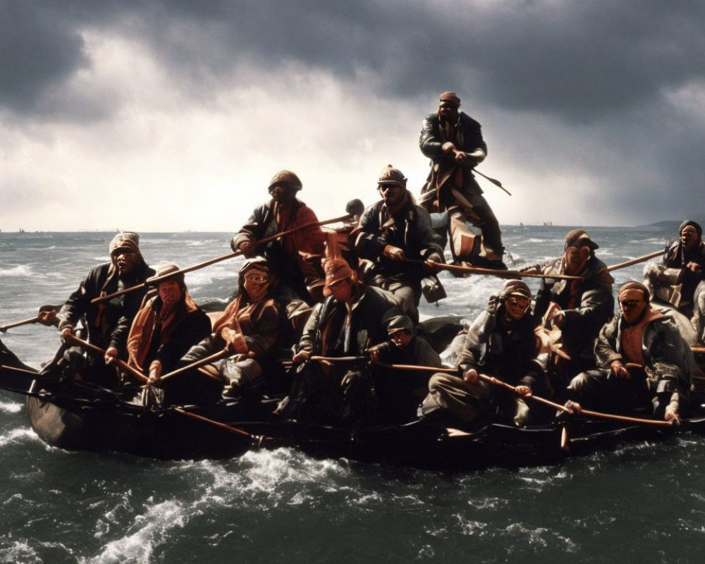 Historical reenactors row lifeboat in stormy seas