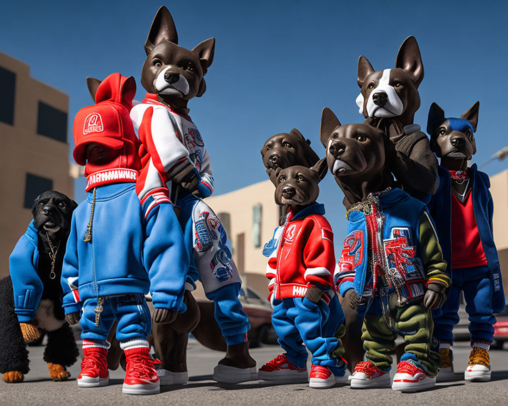 Realistic Dog Sculptures in Stylish Streetwear Under Clear Sky