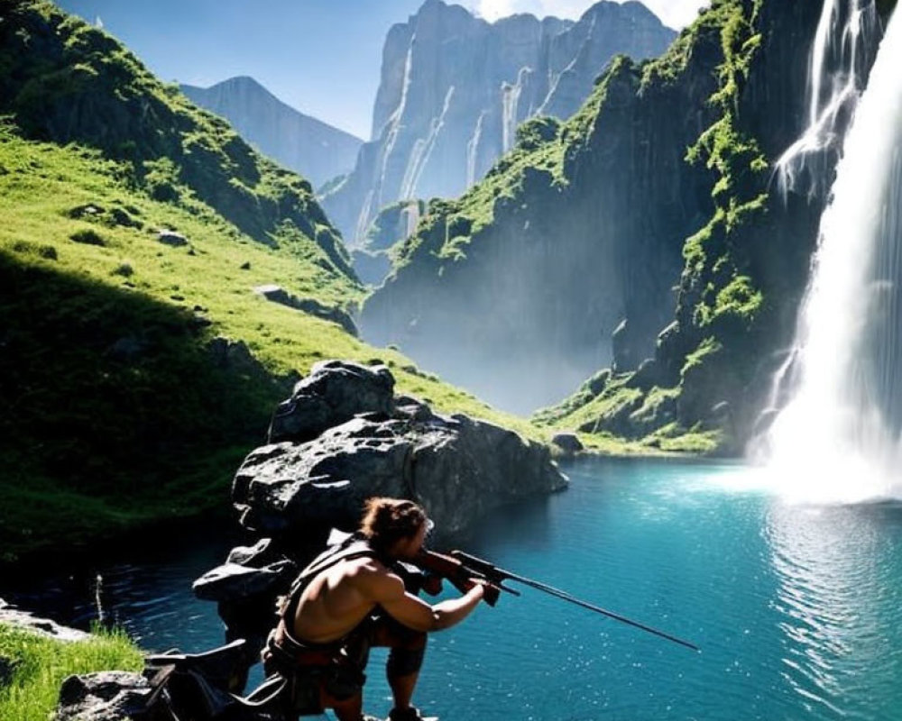 Tribal attire figure by mountain lake with waterfall