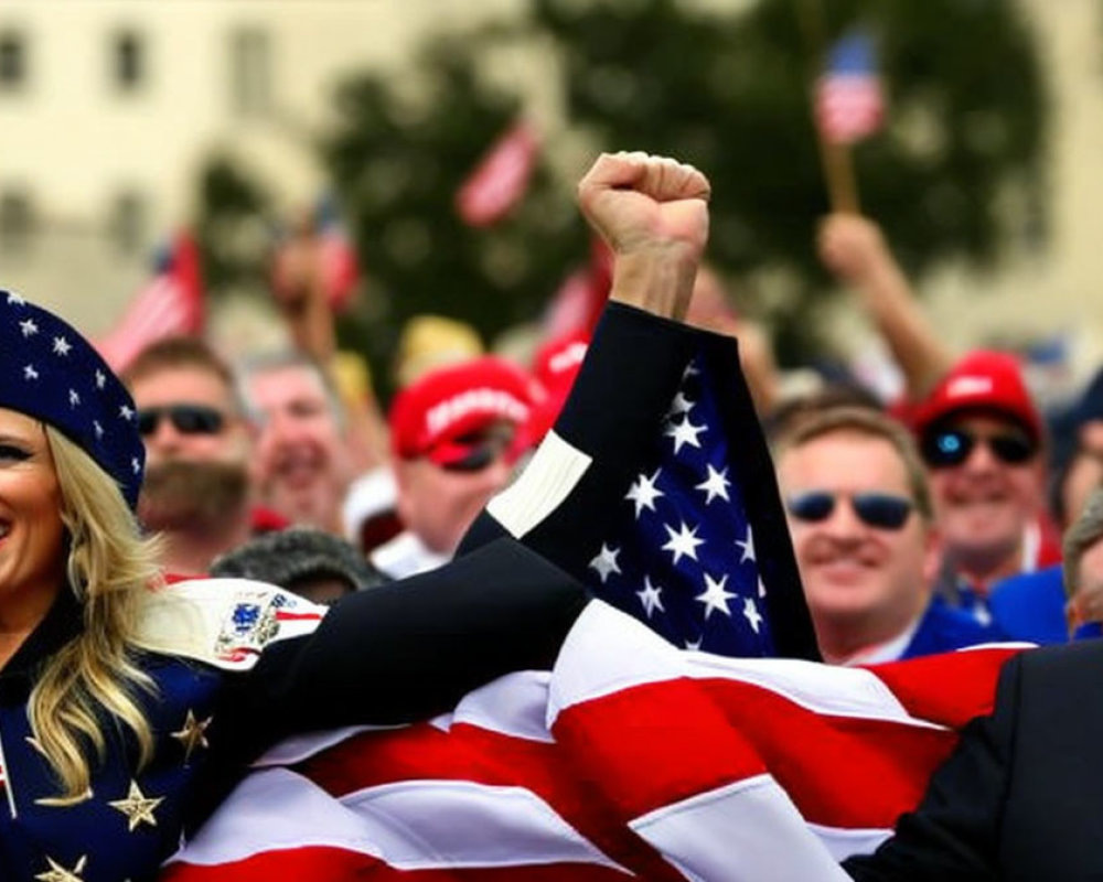 Patriotic crowd in star-spangled attire and red caps cheering with American flags