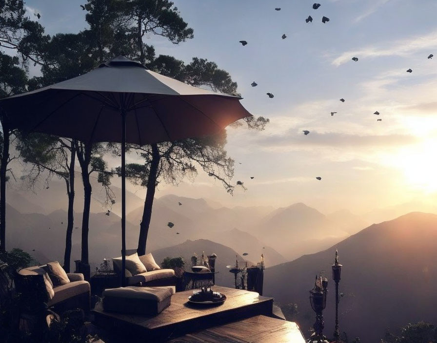 Scenic outdoor lounge with sofa and table set, mountain view, birds flying at sunrise