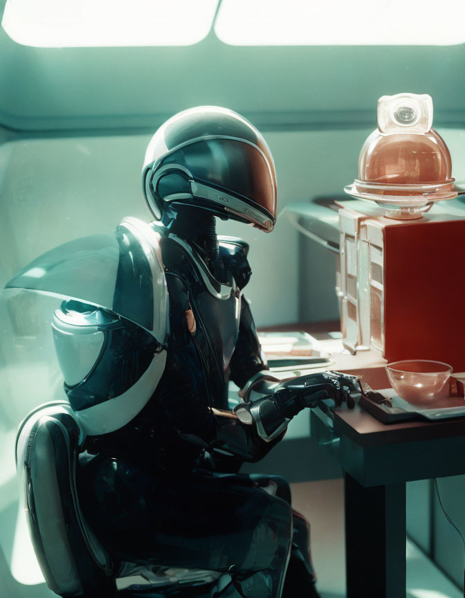 Astronaut in sleek suit at table with helmet, futuristic lamp, and bowl in soft green-l