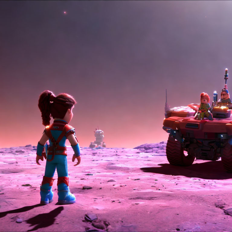 Animated character on rocky surface meets rover with two characters under purple sky