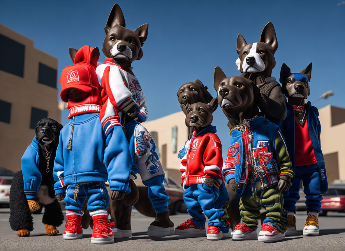 Realistic Dog Sculptures in Stylish Streetwear Under Clear Sky