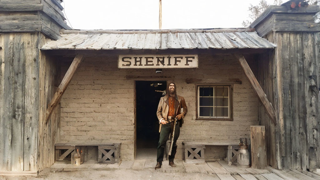 Western sheriff costume in front of rustic wooden building with "SHENIFF" sign