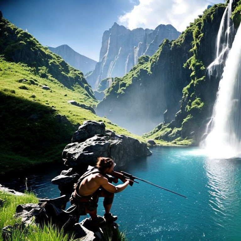 Tribal attire figure by mountain lake with waterfall