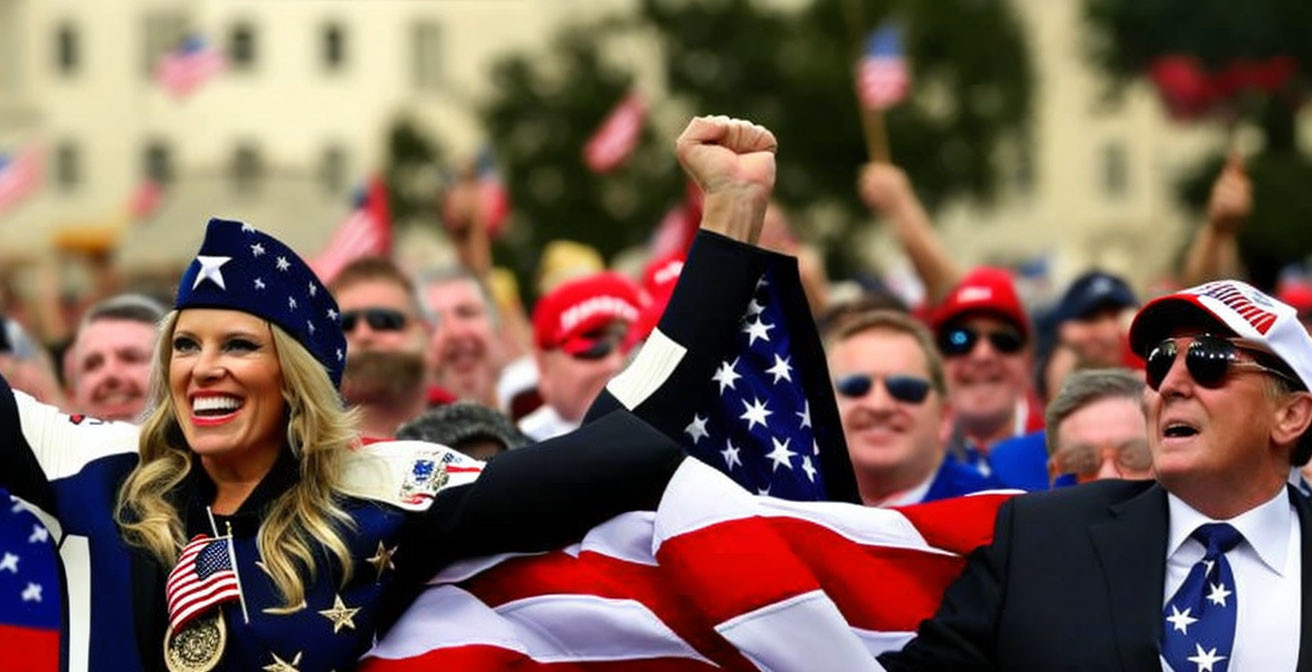 Patriotic crowd in star-spangled attire and red caps cheering with American flags