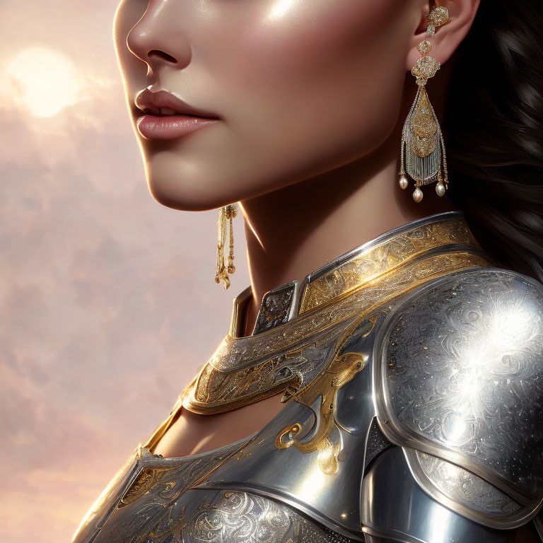 Elegant woman in golden armor and chandelier earrings in fantasy setting