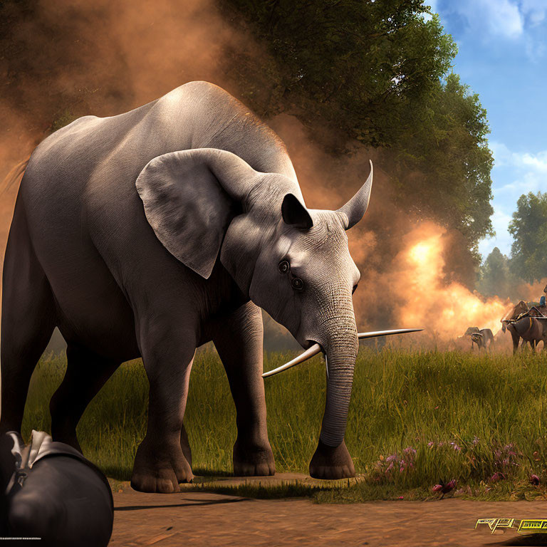 Animated elephant in sunlit clearing with defeated warrior - Scene Description