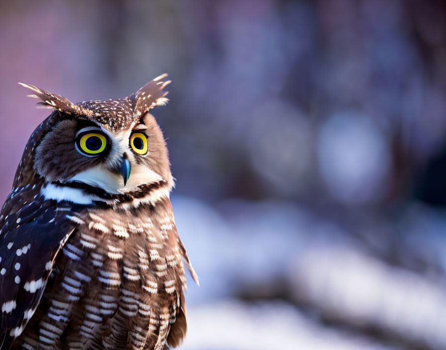 Majestic Great Horned Owl with ear tufts and yellow eyes on pink and purple background