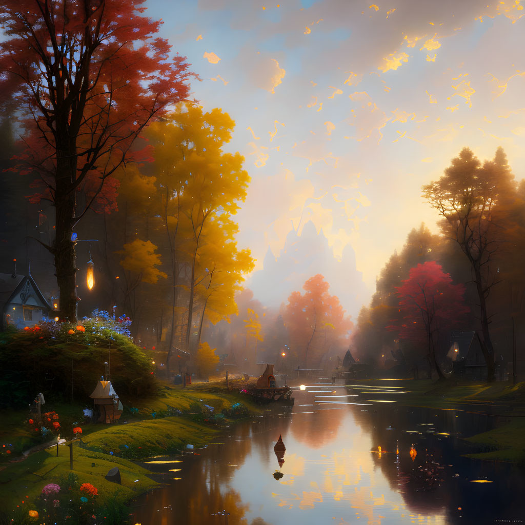 Tranquil autumn landscape with colorful trees, river, lampposts, cottage, and drifting