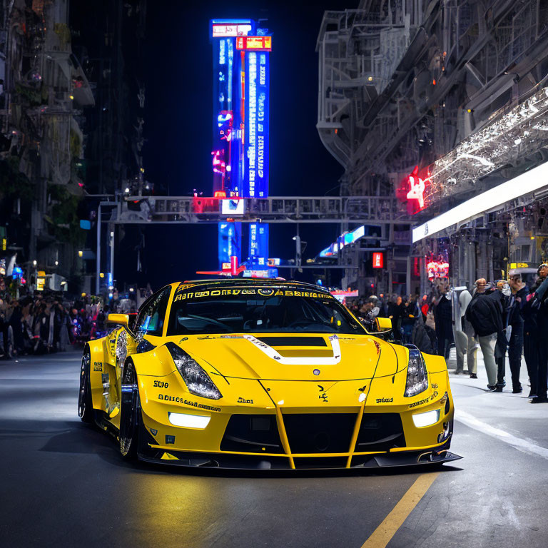 Yellow Sports Car with Race Decals Parked on Neon-Lit Street at Night