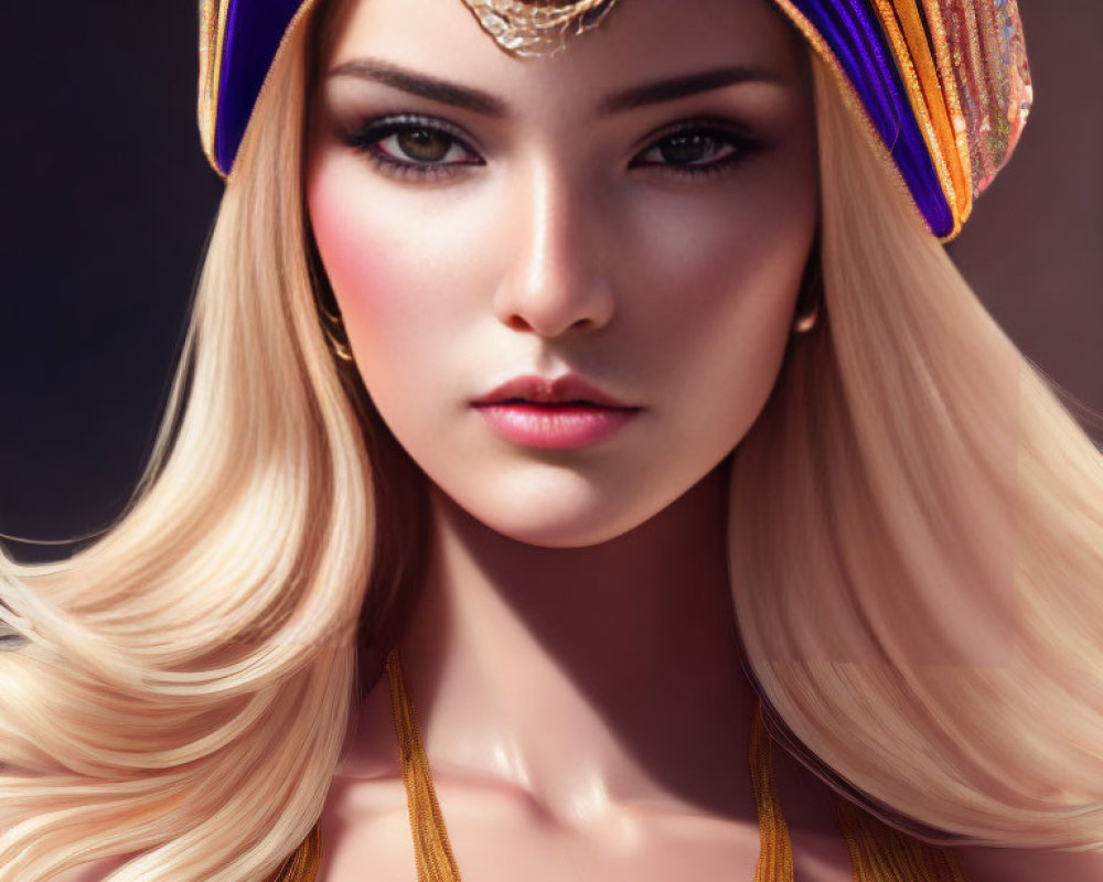 Blonde Woman in Colorful Turban and Gold Chain Portrait