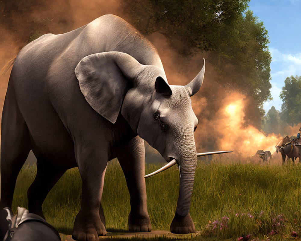 Animated elephant in sunlit clearing with defeated warrior - Scene Description