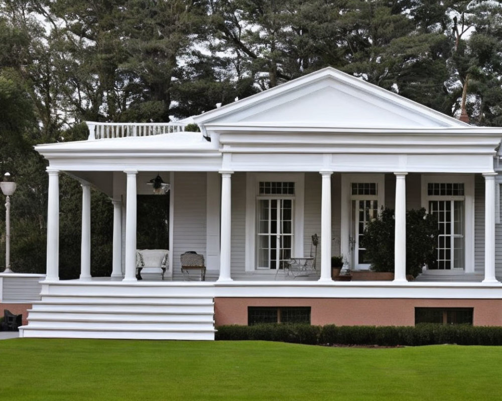 Traditional white house with columns, porch, and green lawn view