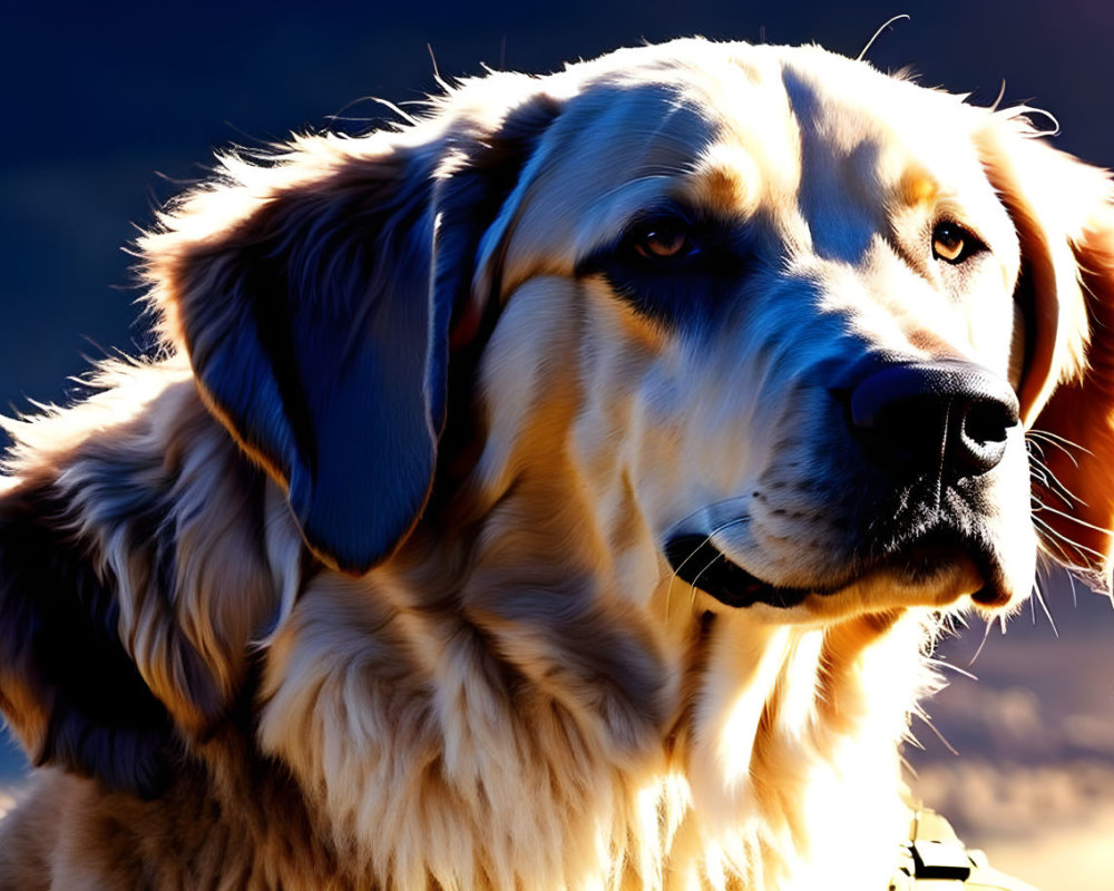 Golden Retriever Dog in Warm Sunlight Against Darkening Sky