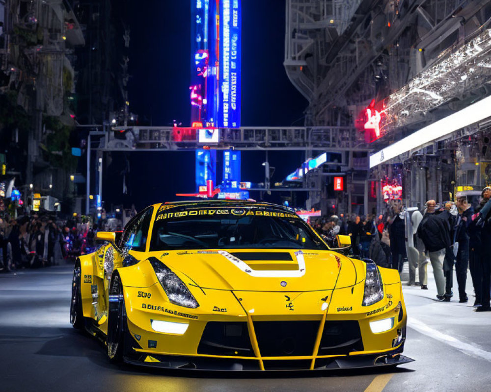 Yellow Sports Car with Race Decals Parked on Neon-Lit Street at Night