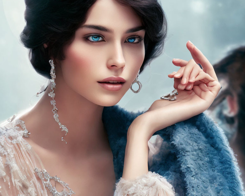 Blue-eyed woman in beige and blue fur with elegant earrings