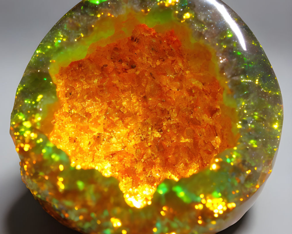 Colorful Opal Gemstone with Fiery Orange Center and Green/Yellow Speckles