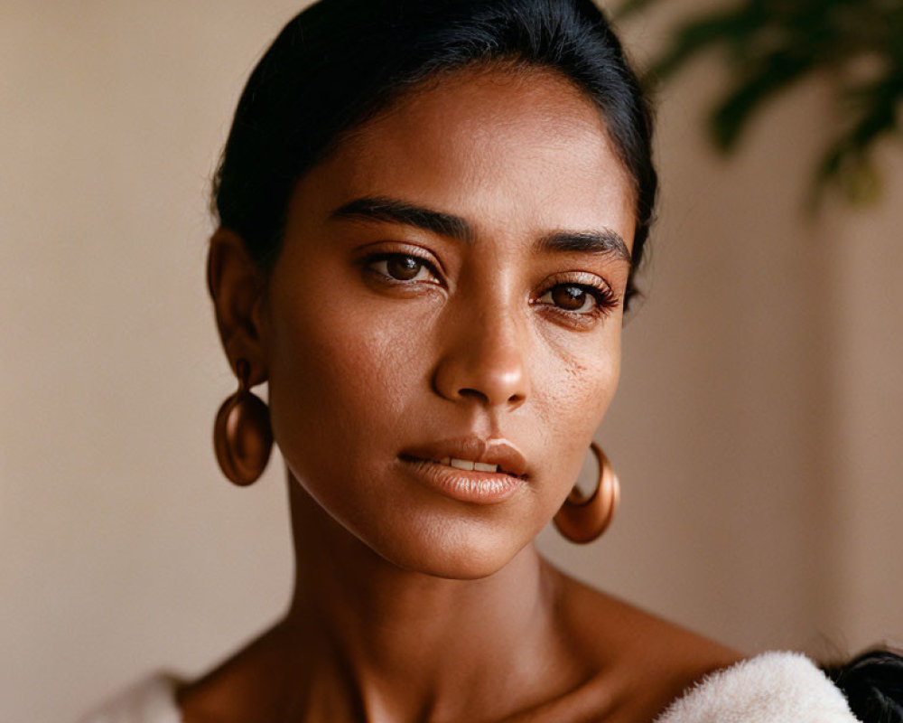 Deep-set eyes and hoop earrings on poised woman with prominent cheekbones