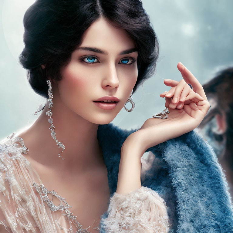 Blue-eyed woman in beige and blue fur with elegant earrings