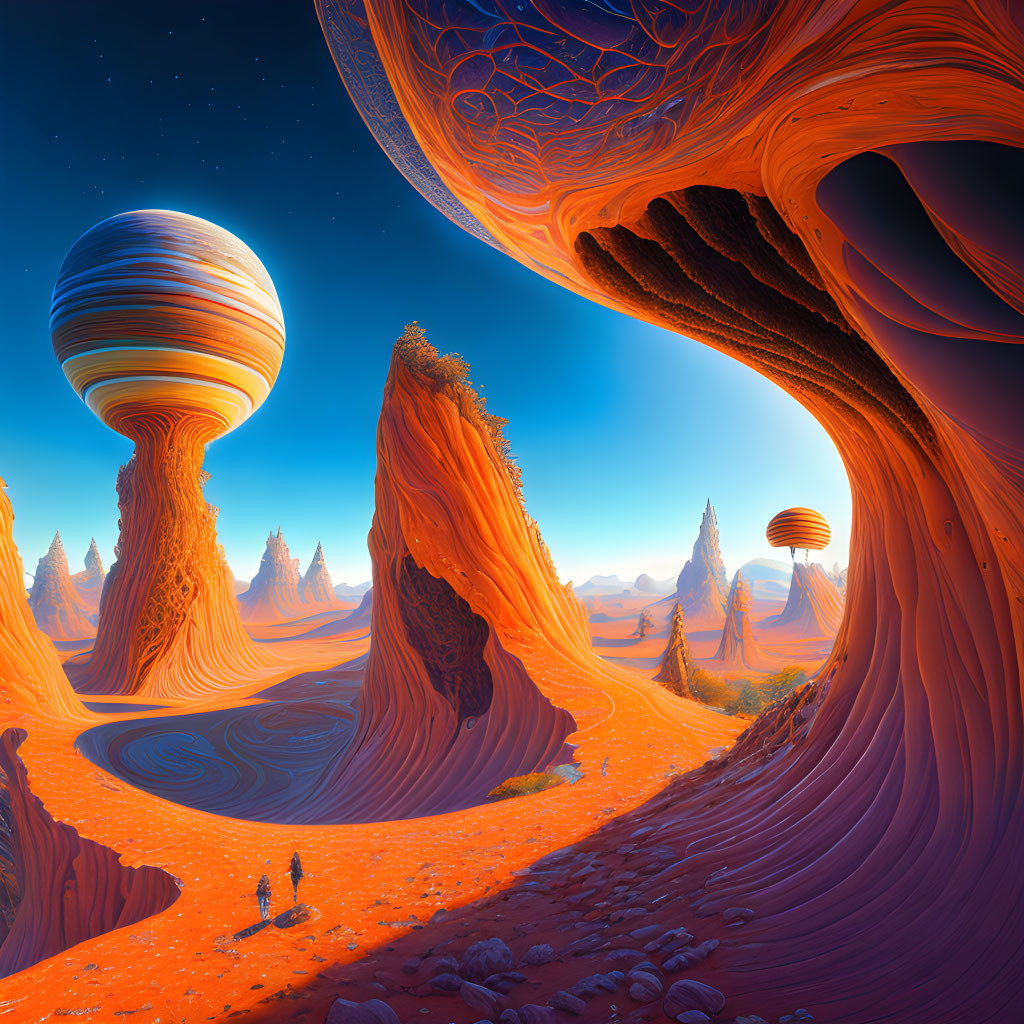 Orange Terrain and Swirling Rock Formations in Sci-Fi Landscape