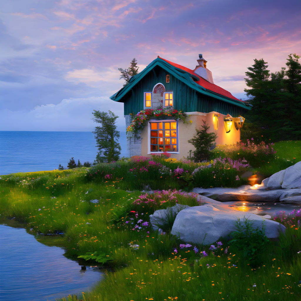 Red-roofed house by the sea at twilight surrounded by lush greenery