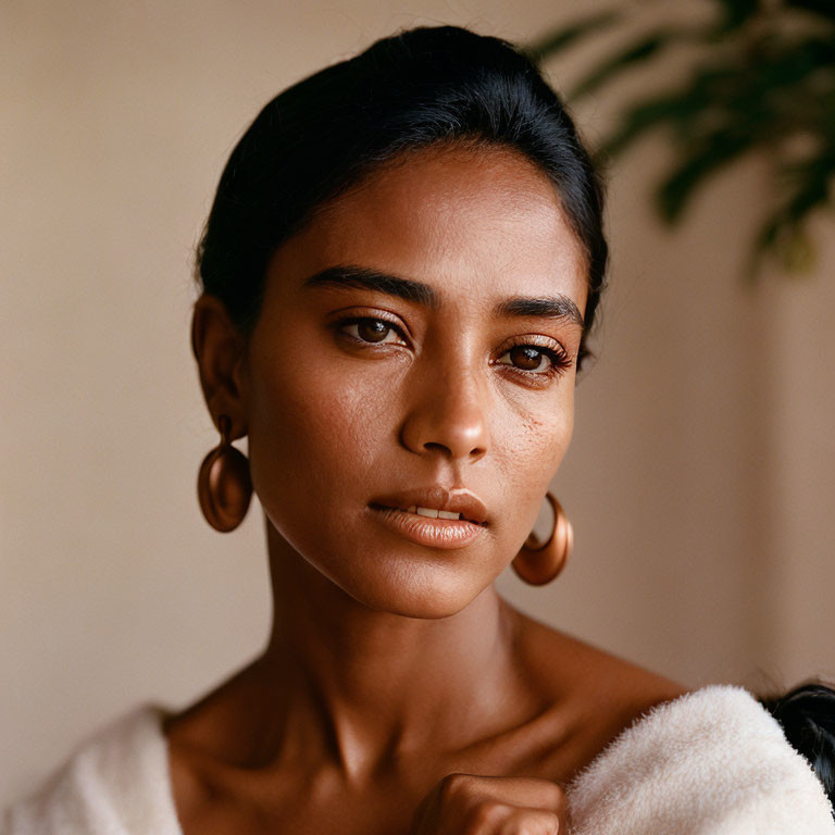 Deep-set eyes and hoop earrings on poised woman with prominent cheekbones