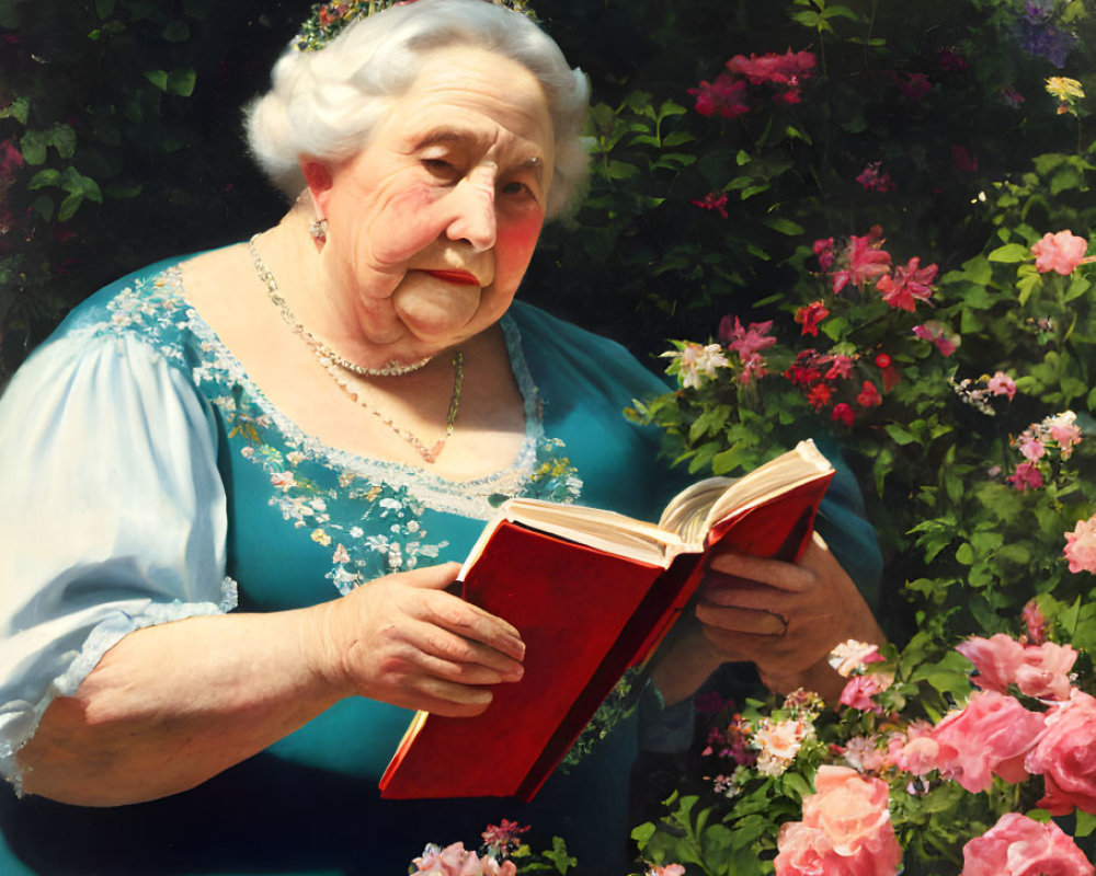 Elderly Woman with Tiara Reading Red Book in Rose Garden