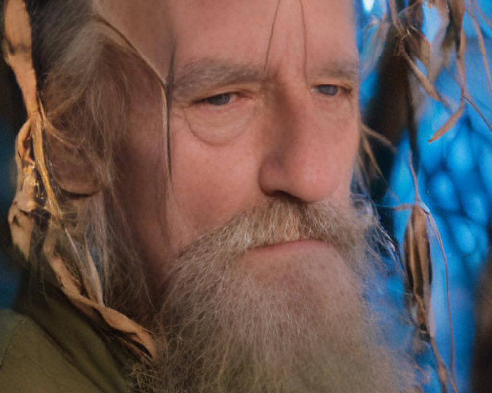 Elderly man with beard in contemplative pose among bare branches