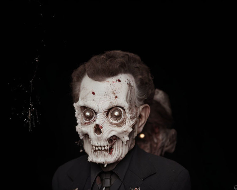 Zombie mask with blood stains and exposed teeth in a suit against dark background