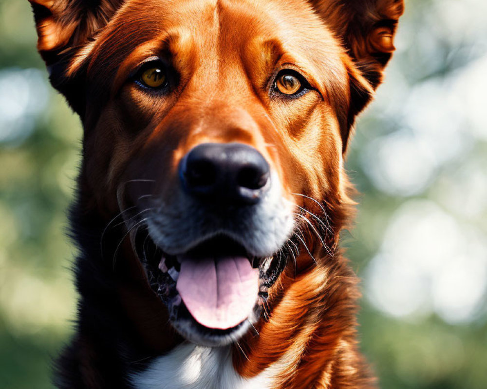 Brown and White Dog with Perked Ears and Smiling Expression on Green Background