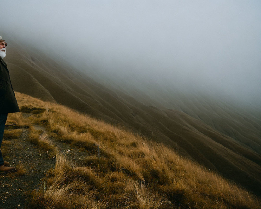 Bearded elderly man in jacket on grassy hill gazes into foggy landscape