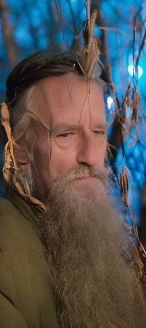 Elderly man with beard in contemplative pose among bare branches