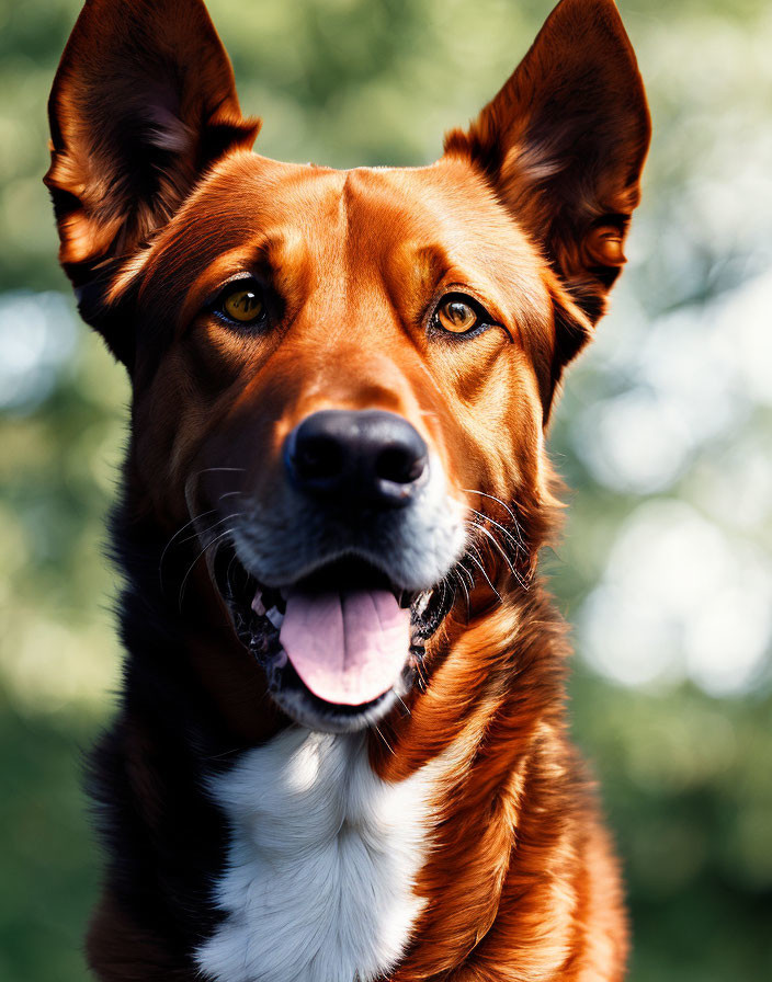 Brown and White Dog with Perked Ears and Smiling Expression on Green Background