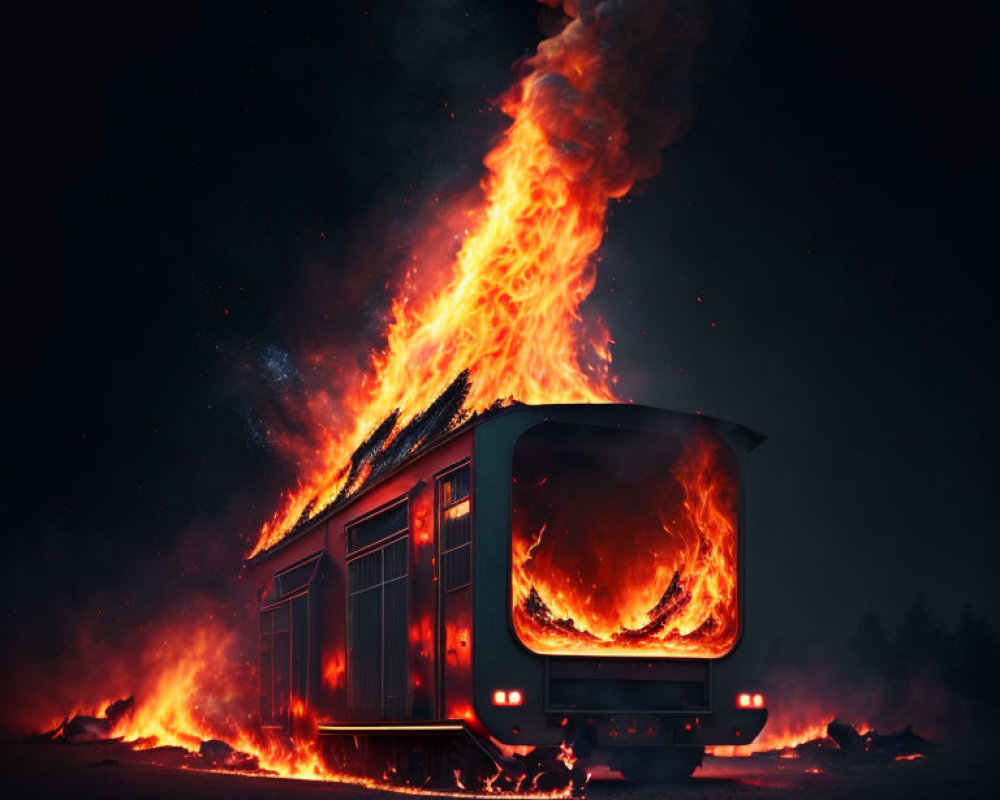 Train Carriage Engulfed in Flames at Night in Snowy Landscape