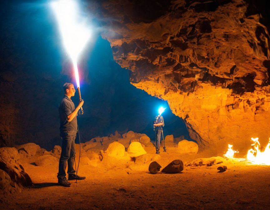 Explorers with flashlights in cave near fire and sunlight beam