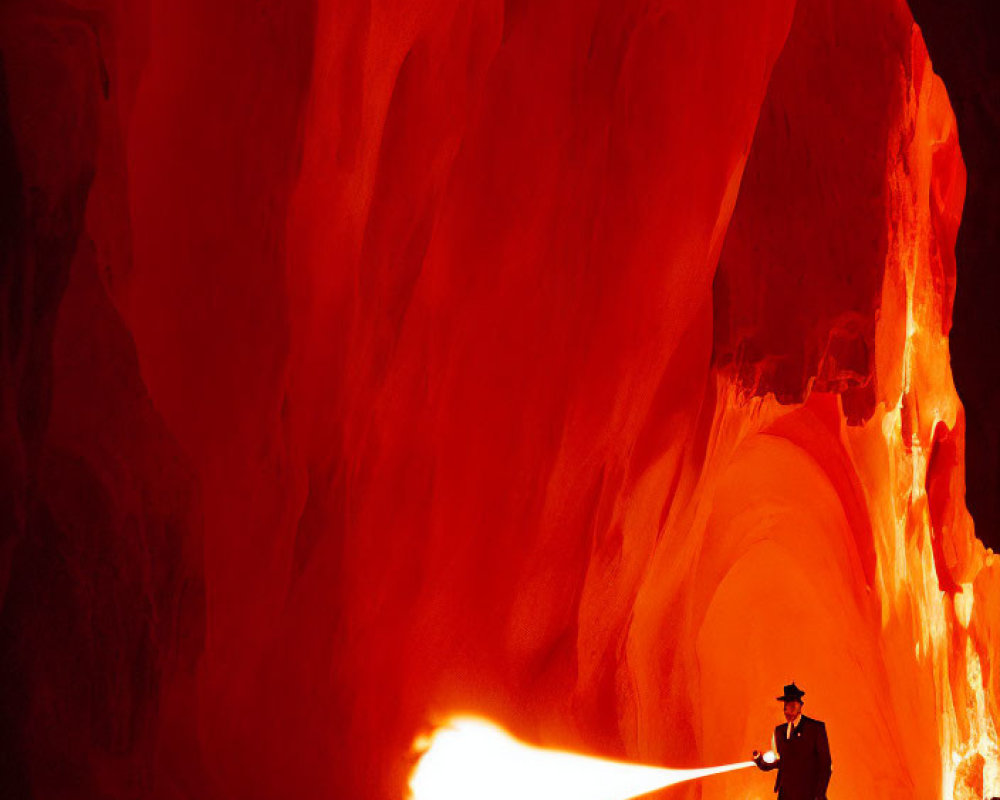 Person in Dark Outfit with Fiery Light and Stream of Fire in Glowing Cave