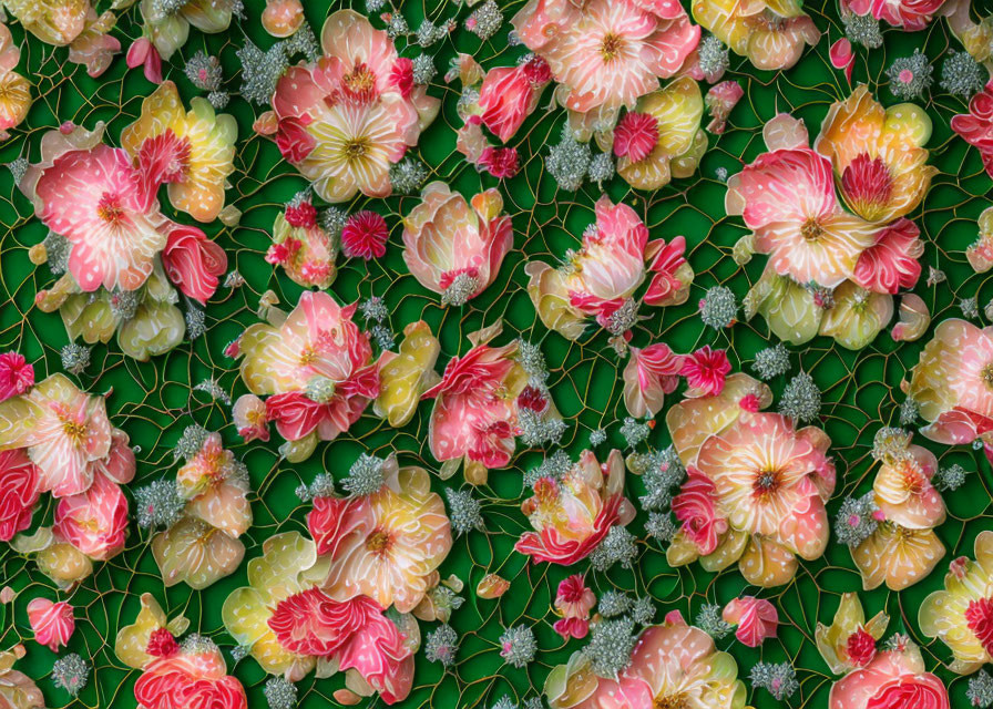 Colorful Pink and Yellow Flowers on Mosaic Background