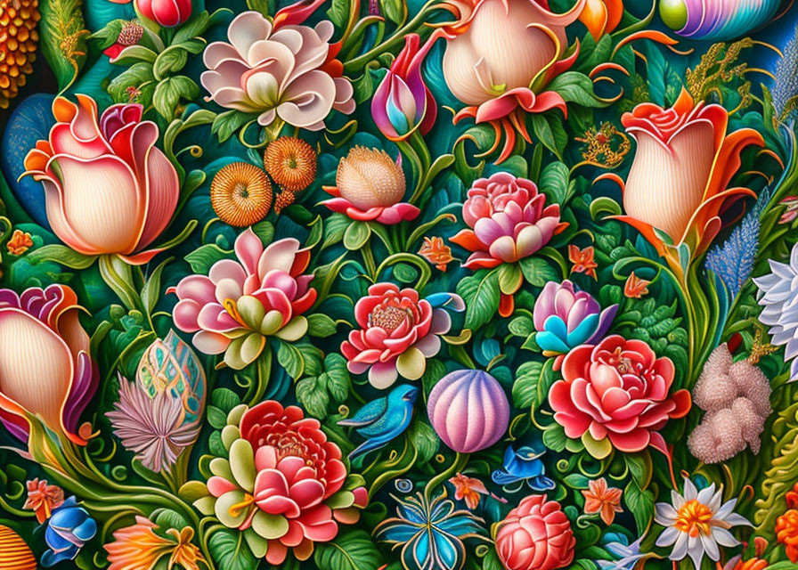 Detailed Vibrant Floral Pattern Illustration in Rich Colors