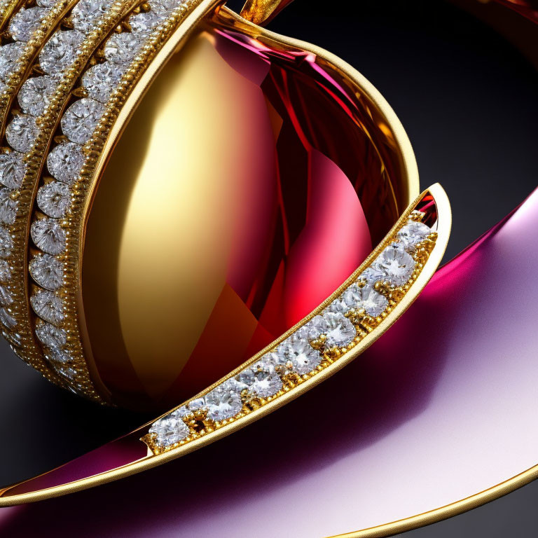 Diamond-embedded gold bands on swirling red and pink abstract backdrop