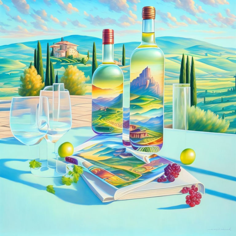 Still life with wine bottles, landscapes, wineglasses, grapes, book, and olives on